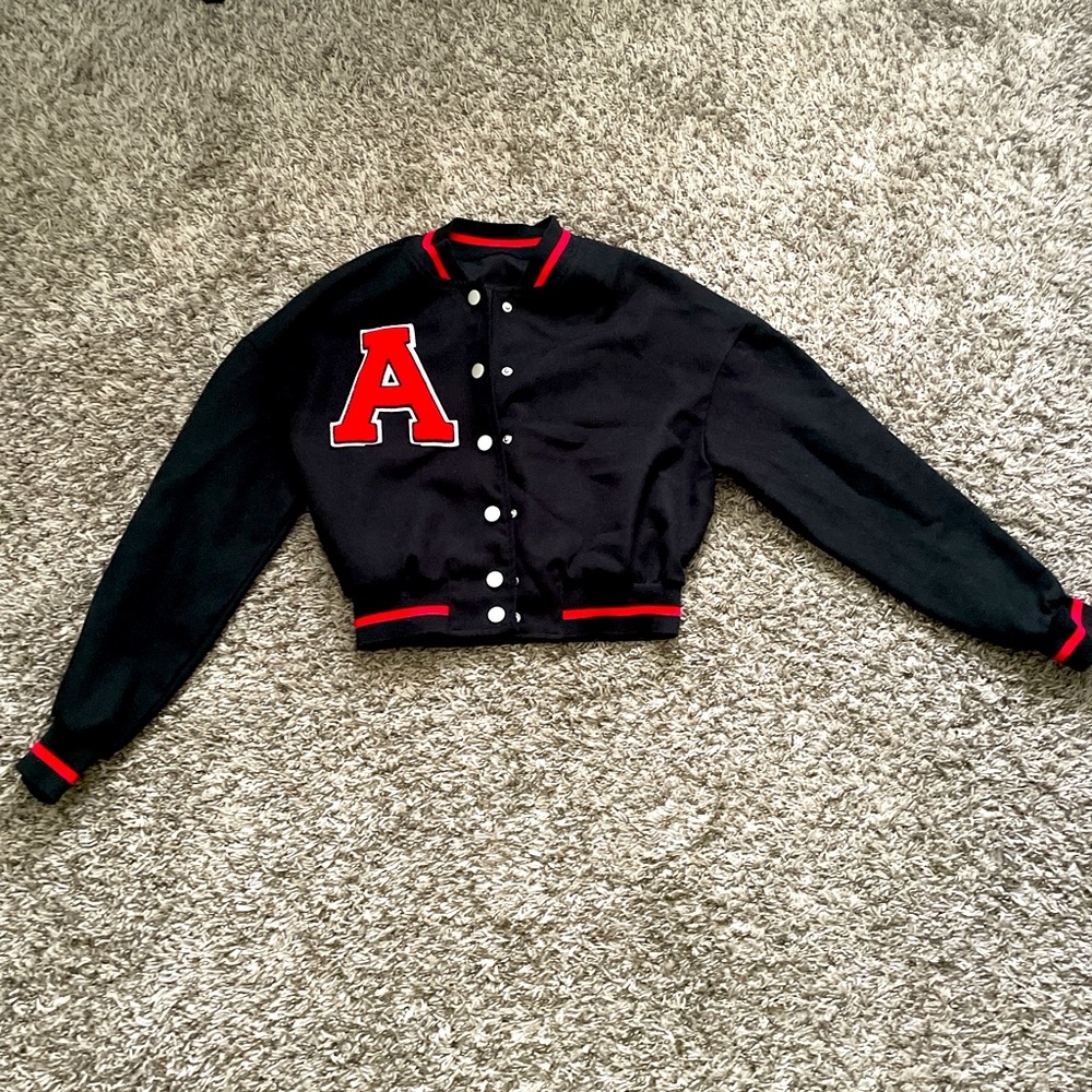 Red and black cropped varsity jacket